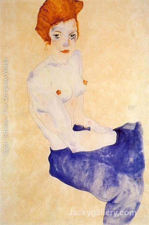 Seated Girl With Bare Torso And Light Blue Skirt by Egon Schiele paintings reproduction